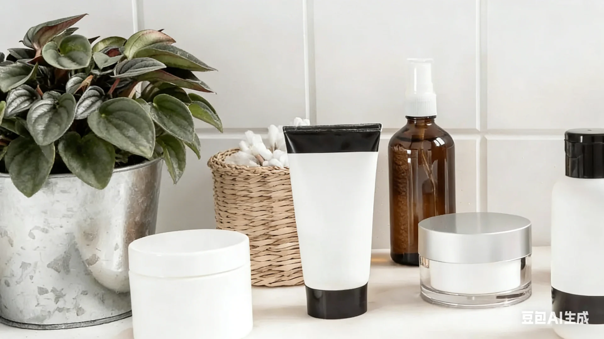 A collection of bathroom products including creams and lotions, alongside a green plant in a metal pot on a white tiled surface.